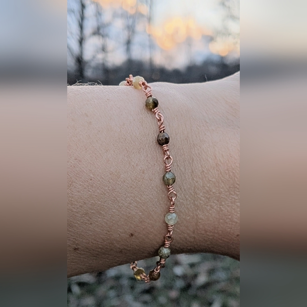 Copper Chain Bracelet-Natural Green Garnet Gems -Artisan Crafted-Feminine Style